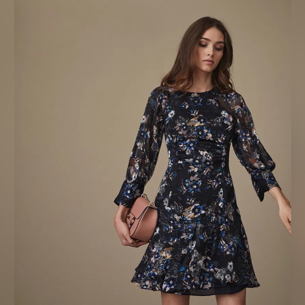 Reiss Alberta Sheer and Velvet Long Sleeve Navy Floral Dress